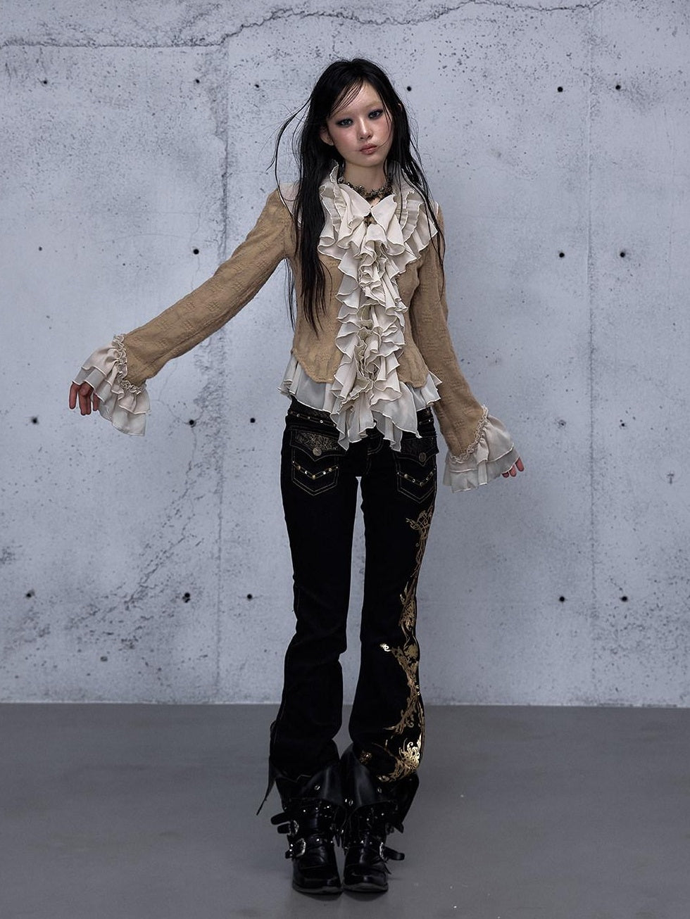 NO ROMANCE Rhinestone Low Rise Slim Fit Modern Patchwork Floral Mid Stretch Flare Jeans