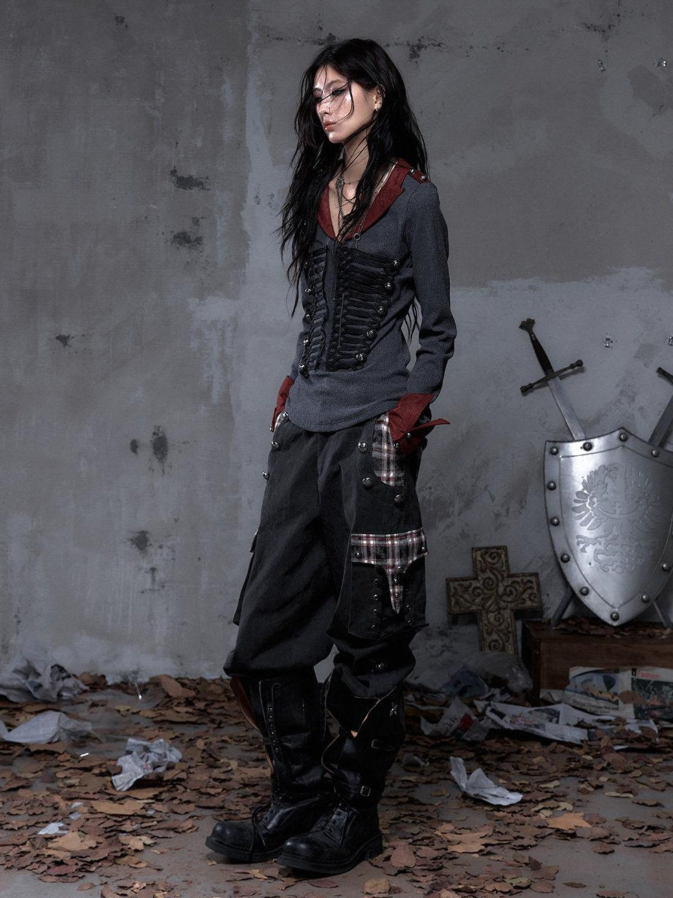 NO ROMANCE Pure Cotton Punk Patchwork Loose Fit Natural Waist Button Fly Women Pants Chinos