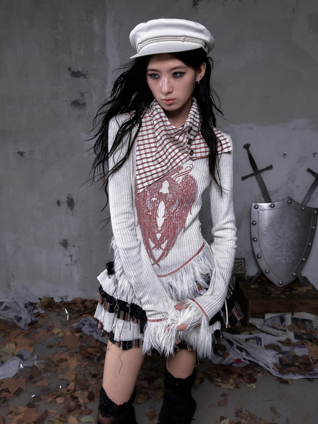 NO ROMANCE Vintage Slim Fit Printed Polo Collar Women Casual Red White Long Sleeve T-Shirts
