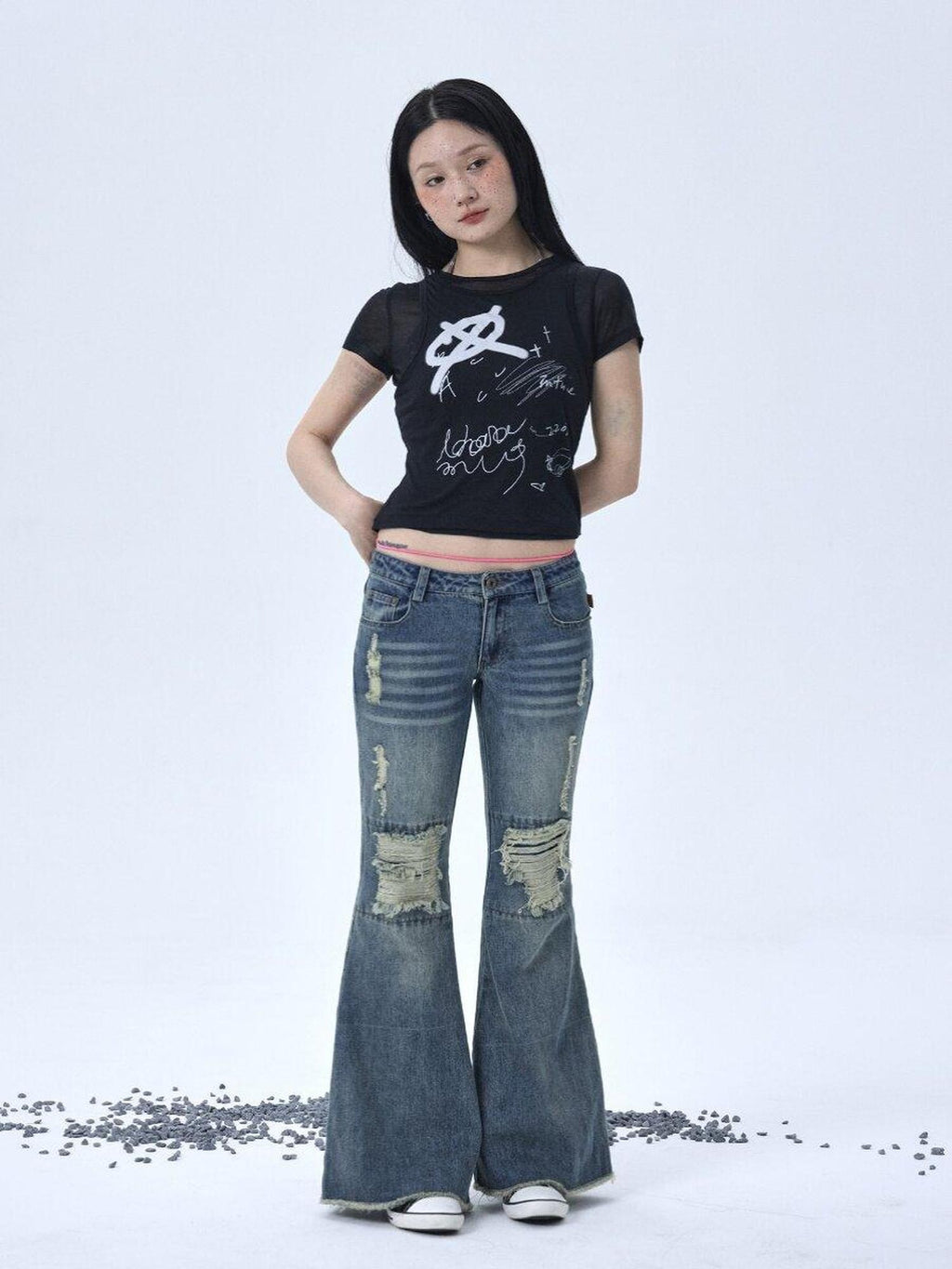 Achihara Vintage Washed Distressed Ripped Low Rise Women'S Denim Flare Jeans