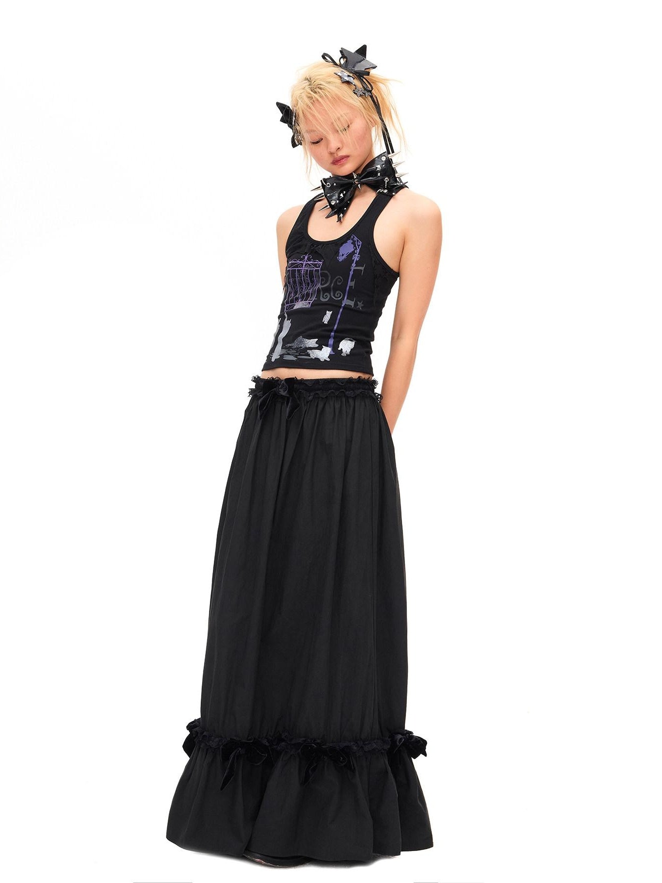 CFIERCE Lace Trim Silk Bamboo Blend Pleated Mid Waist Straight Black Skirt