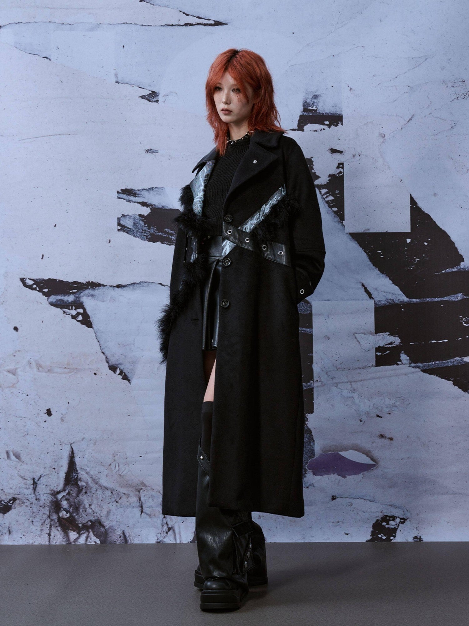 Frustration Garden Punk Street Straight Long Blazer Collar Patchwork Asymmetrical Youth Wool Coats