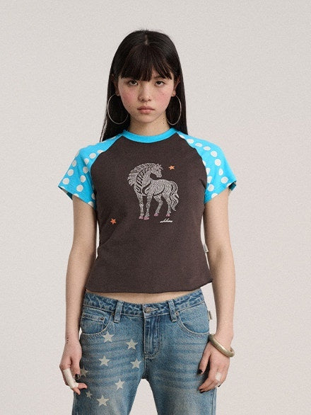 Achihara_Polka_Dot_Contrast_Panel_Rhinestone_Women'S_Cotton_Blend_Short_Sleeve_T-Shirts_MISSTT