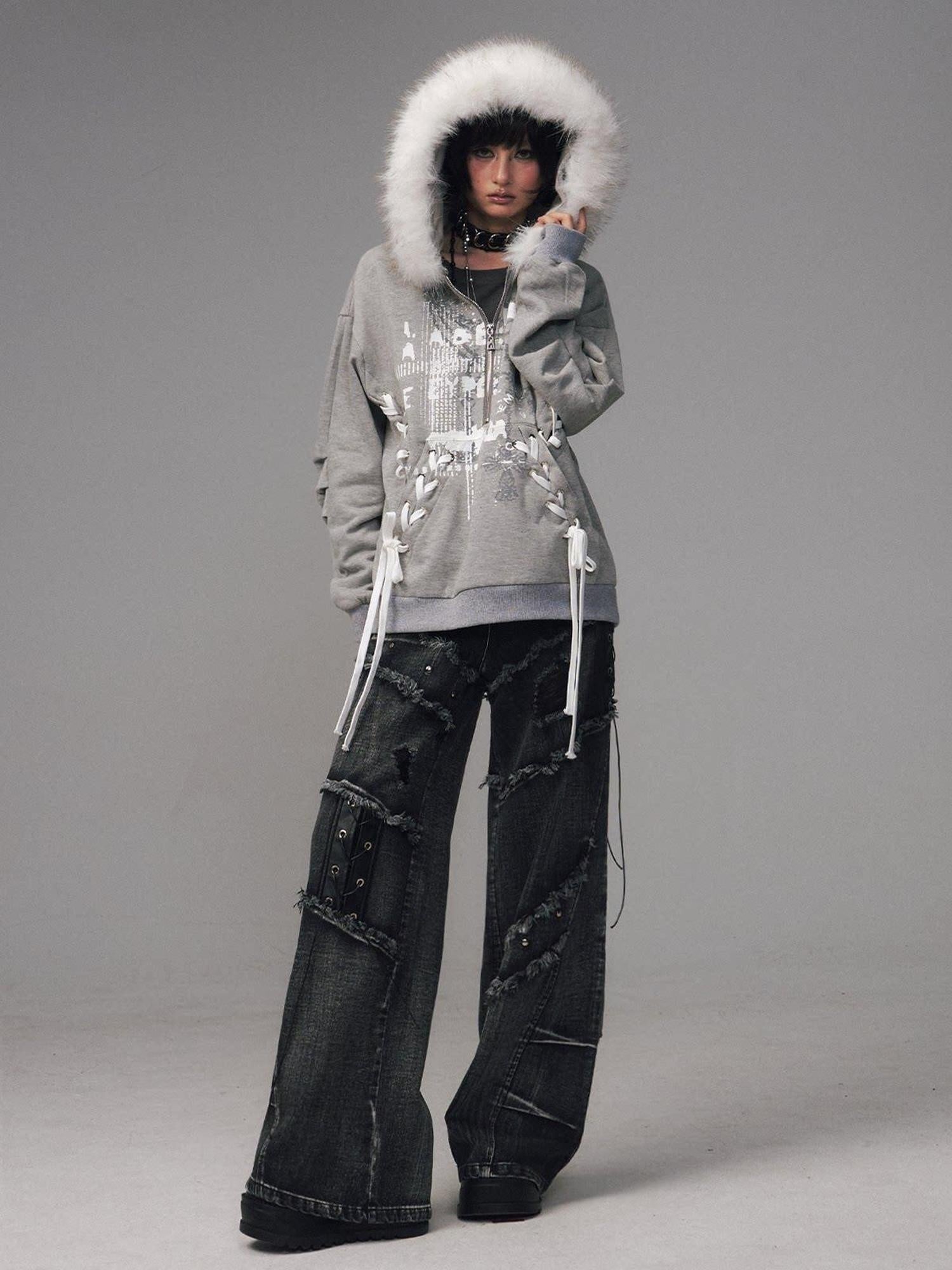Frustration Garden Original Design Loose Fit Printed Fur Collar Zip Hooded Warm Gray Women Hoodies