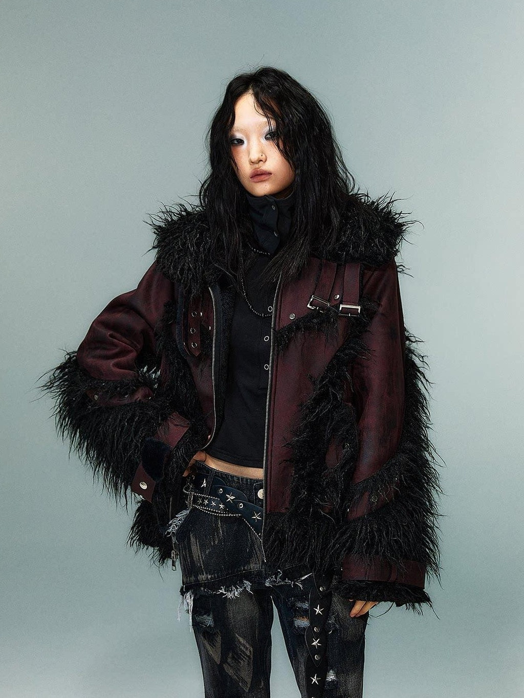 Frustration Garden Warm Oversized Original Zip Patchwork Faux Fur Studs Women Casual Jackets