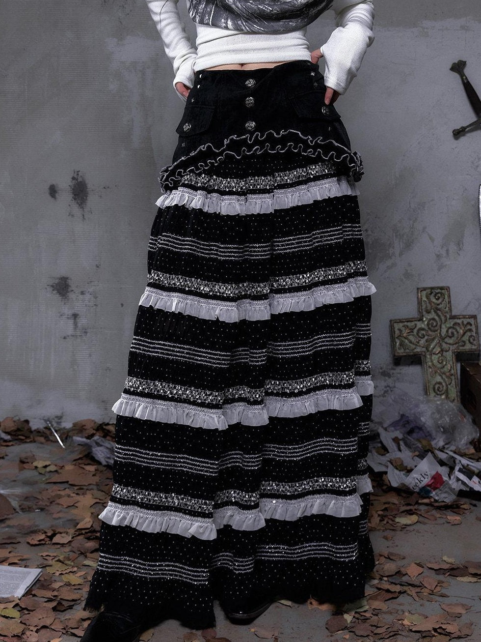 NO ROMANCE High Waist Victorian Lace Patchwork Pu Panel A Line Women Black Maxi Skirts