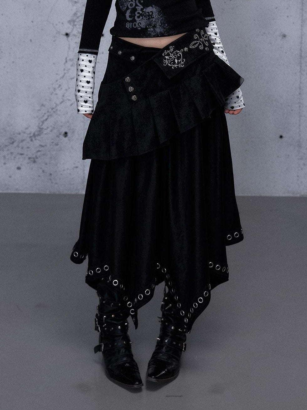 NO ROMANCE Edgy Asymmetrical High Waist A Line Loose Gothic Pu Suede Patchwork Maxi Skirts