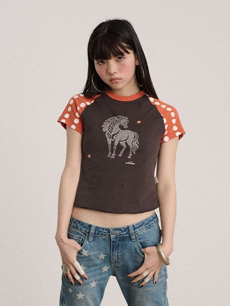Achihara_Polka_Dot_Contrast_Panel_Rhinestone_Women'S_Cotton_Blend_Short_Sleeve_T-Shirts_MISSTT