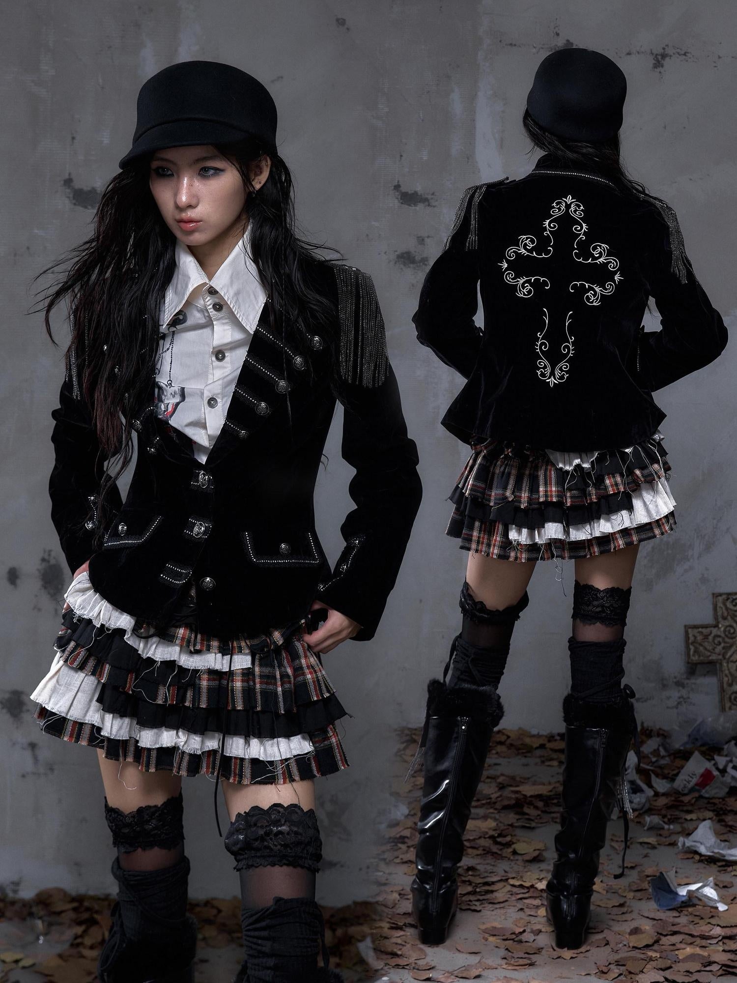NO ROMANCE Light Fleece Lined Fitted Waist Button Long Sleeve Black Cropped Jackets