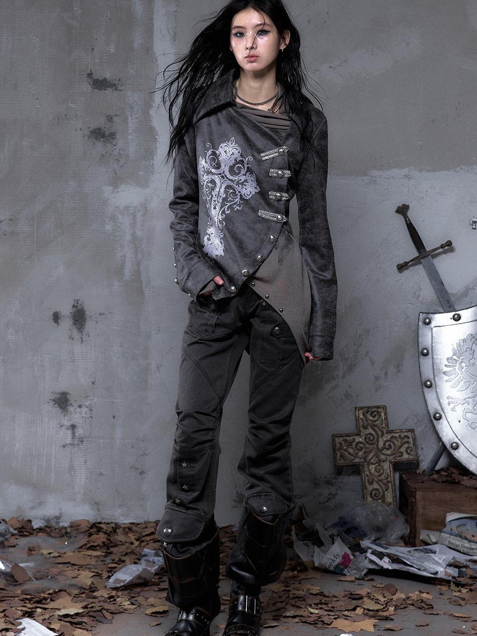 NO ROMANCE Pleated Button Mid Low Rise Subtle Flare Dark Grunge Women Chinos