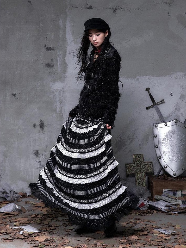 NO ROMANCE High Waist Victorian Lace Patchwork Pu Panel A Line Women Black Maxi Skirts
