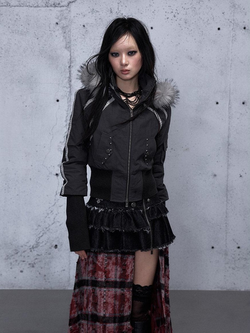 NO ROMANCE Edgy Punk Slim Fit Hooded Cropped Short Sleeve Zipper Women Puffer Jackets