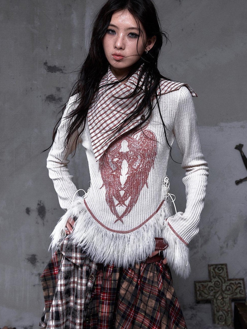 NO ROMANCE Vintage Slim Fit Printed Polo Collar Women Casual Red White Long Sleeve T-Shirts