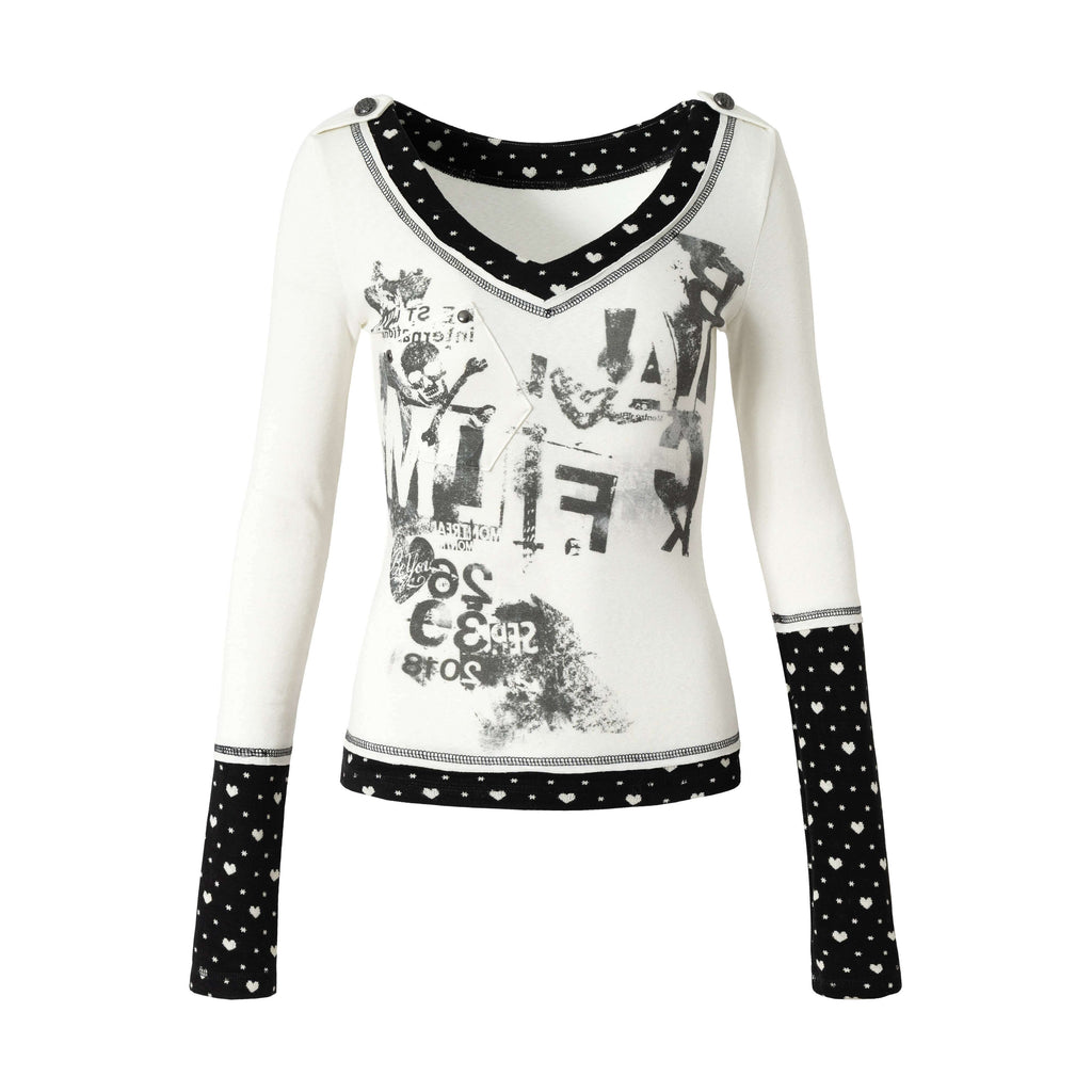 NO_ROMANCE_Slimming_V-neck_Patchwork_Fitted_Women_Letter_Long_Sleeve_T-Shirts_MISSTT