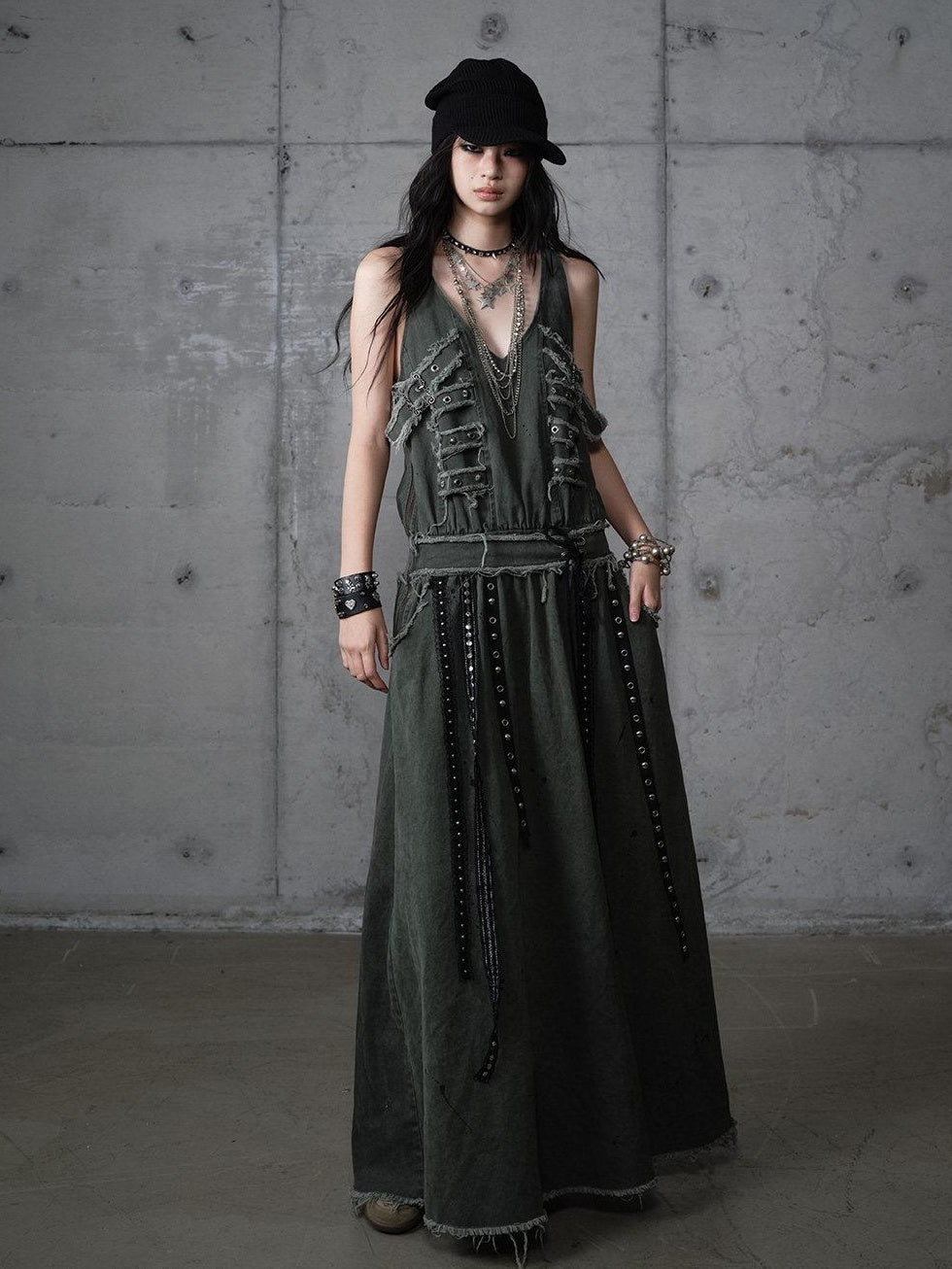 NO ROMANCE Washed Grunge Green Pocketed Punk A Line Loose V-neck Women Casual Midi Dresses
