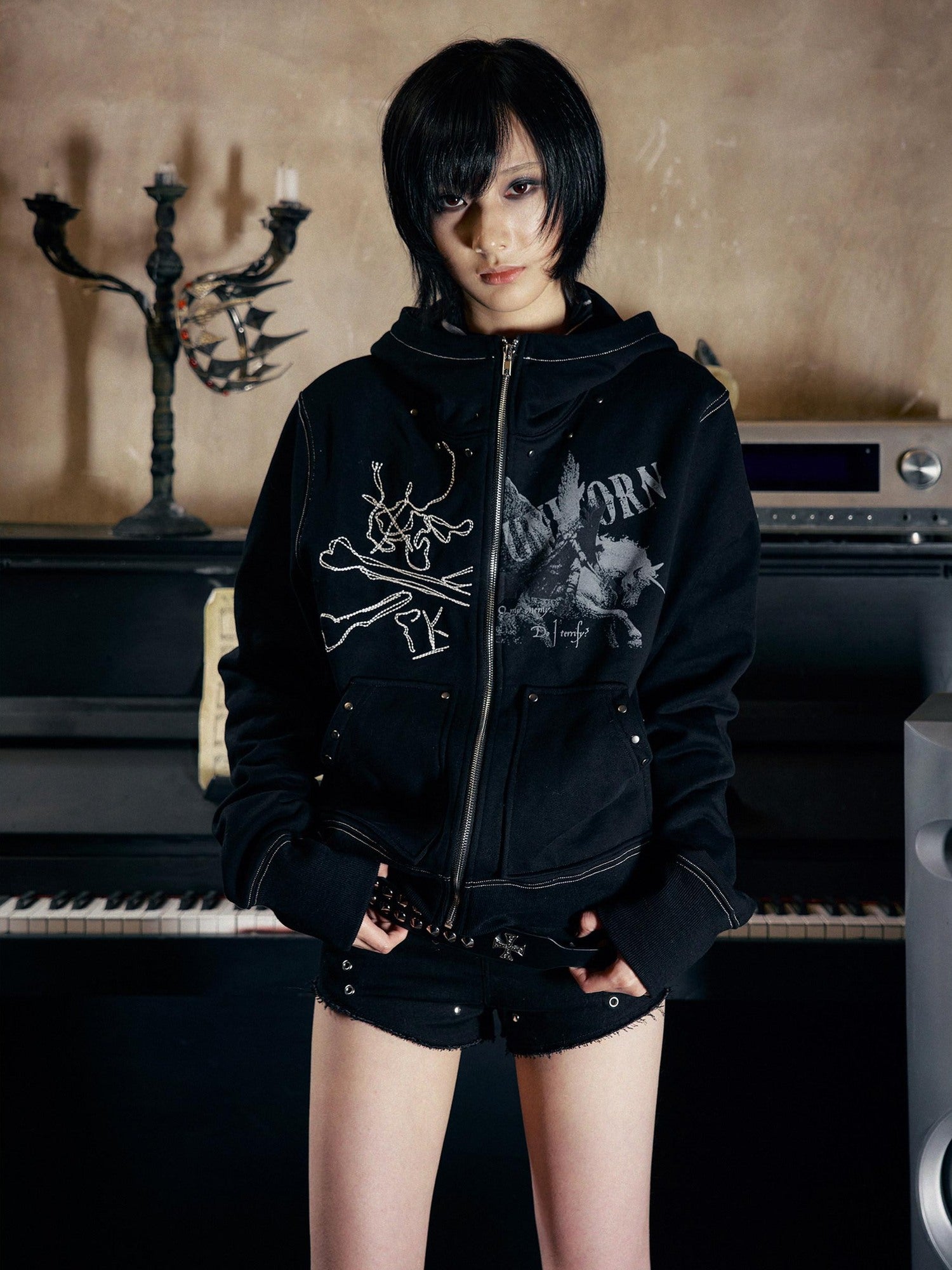PAIKI Slim Fit Zip Up Hooded Short Length Skull Casual Unisex Sport Polyester Hoodies