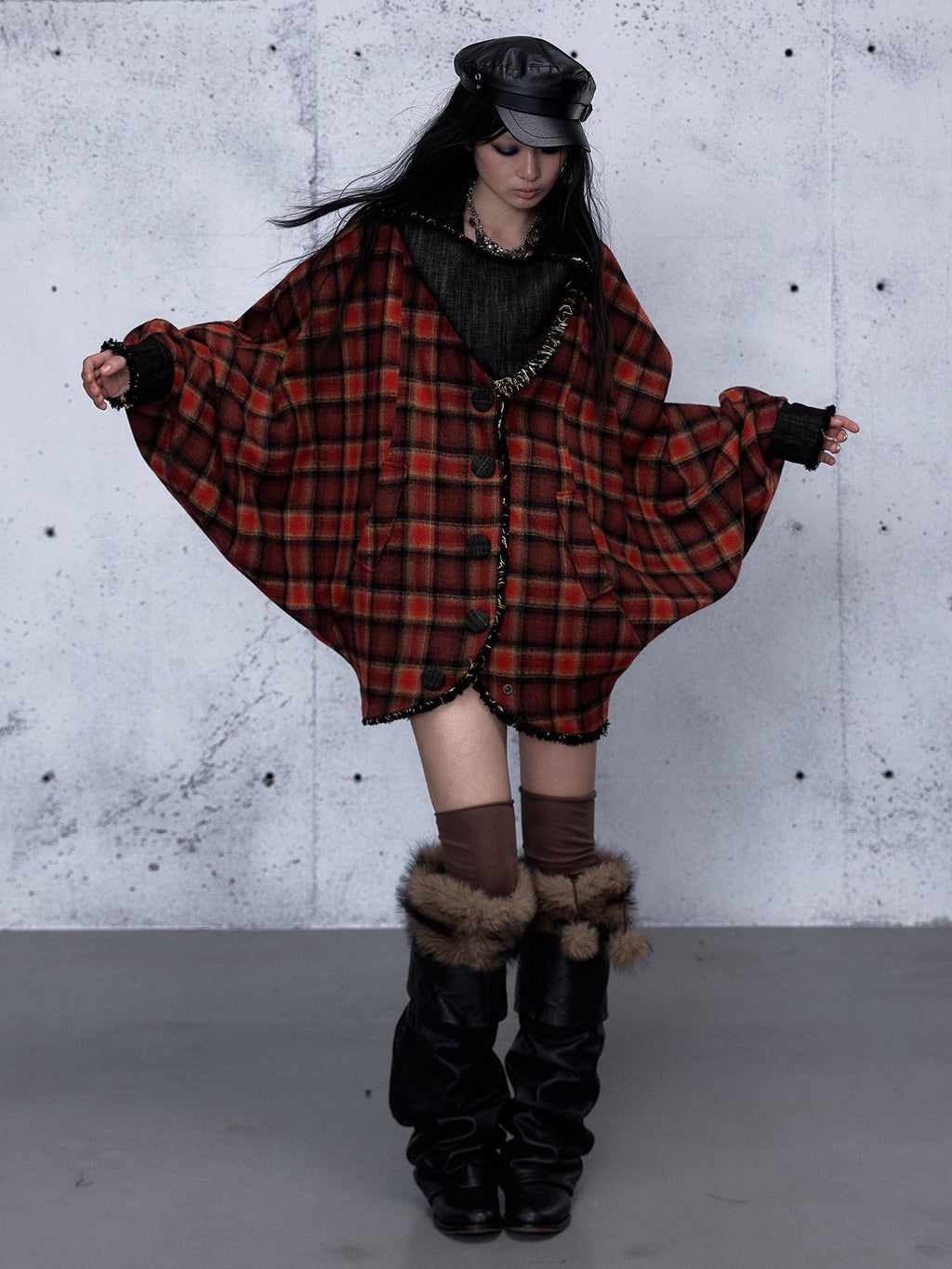 NO ROMANCE Thick Reversible Retro Batwing Sleeves Women Plaid Denim Red Casual Jackets