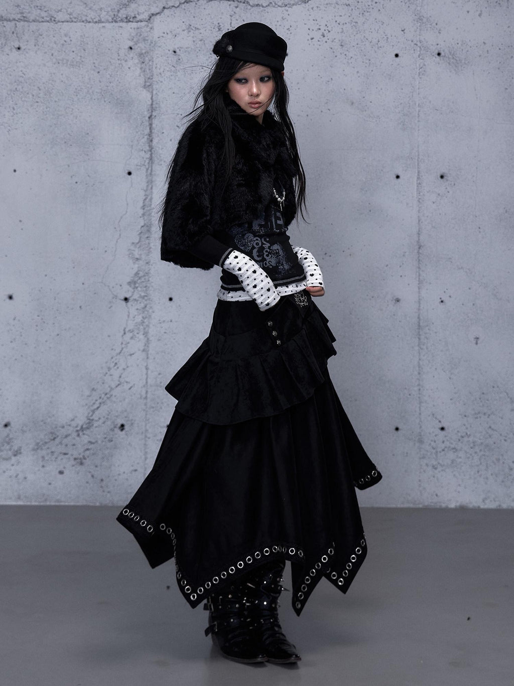 NO ROMANCE Edgy Asymmetrical High Waist A Line Loose Gothic Pu Suede Patchwork Maxi Skirts