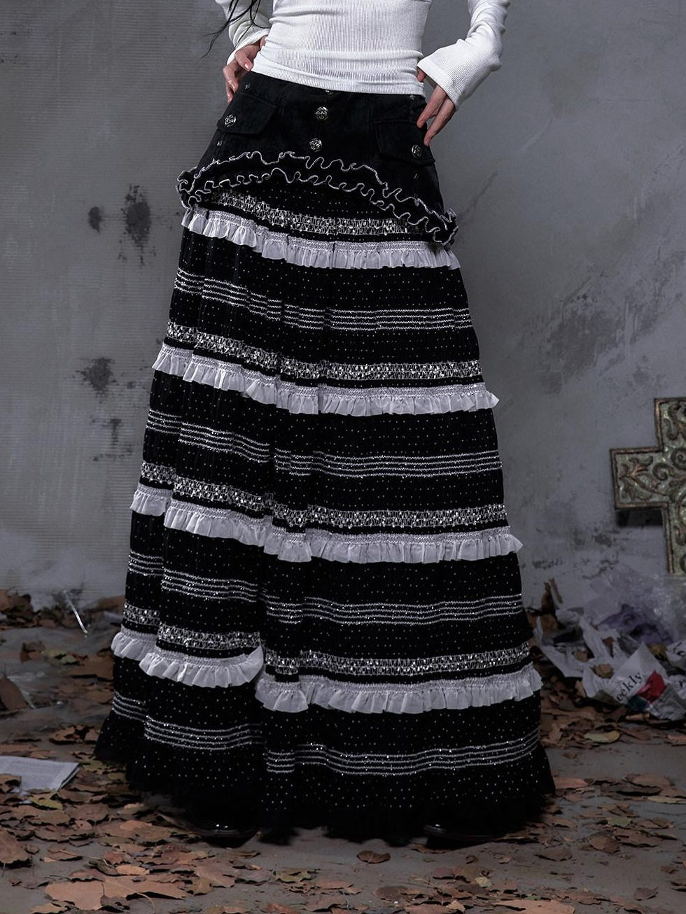NO ROMANCE High Waist Victorian Lace Patchwork Pu Panel A Line Women Black Maxi Skirts