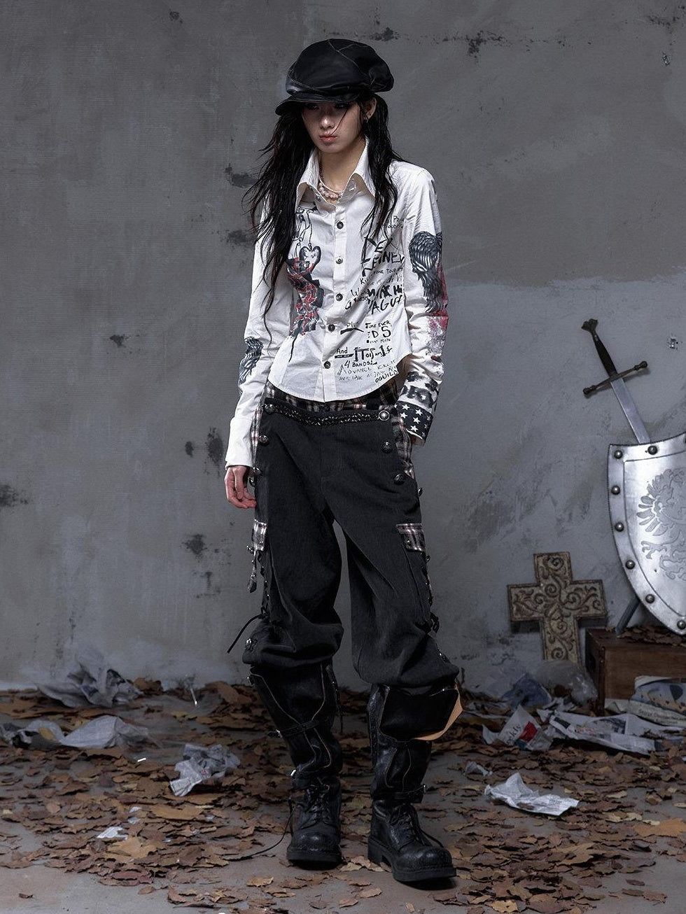 NO ROMANCE Pure Cotton Punk Patchwork Loose Fit Natural Waist Button Fly Women Pants Chinos