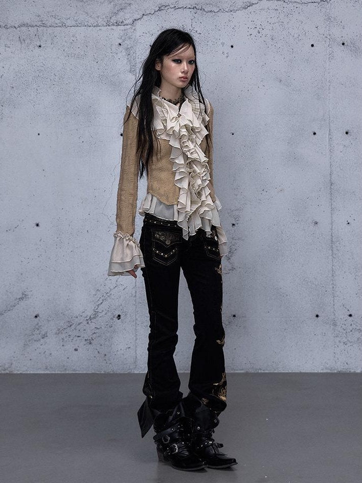 NO ROMANCE Rhinestone Low Rise Slim Fit Modern Patchwork Floral Mid Stretch Flare Jeans