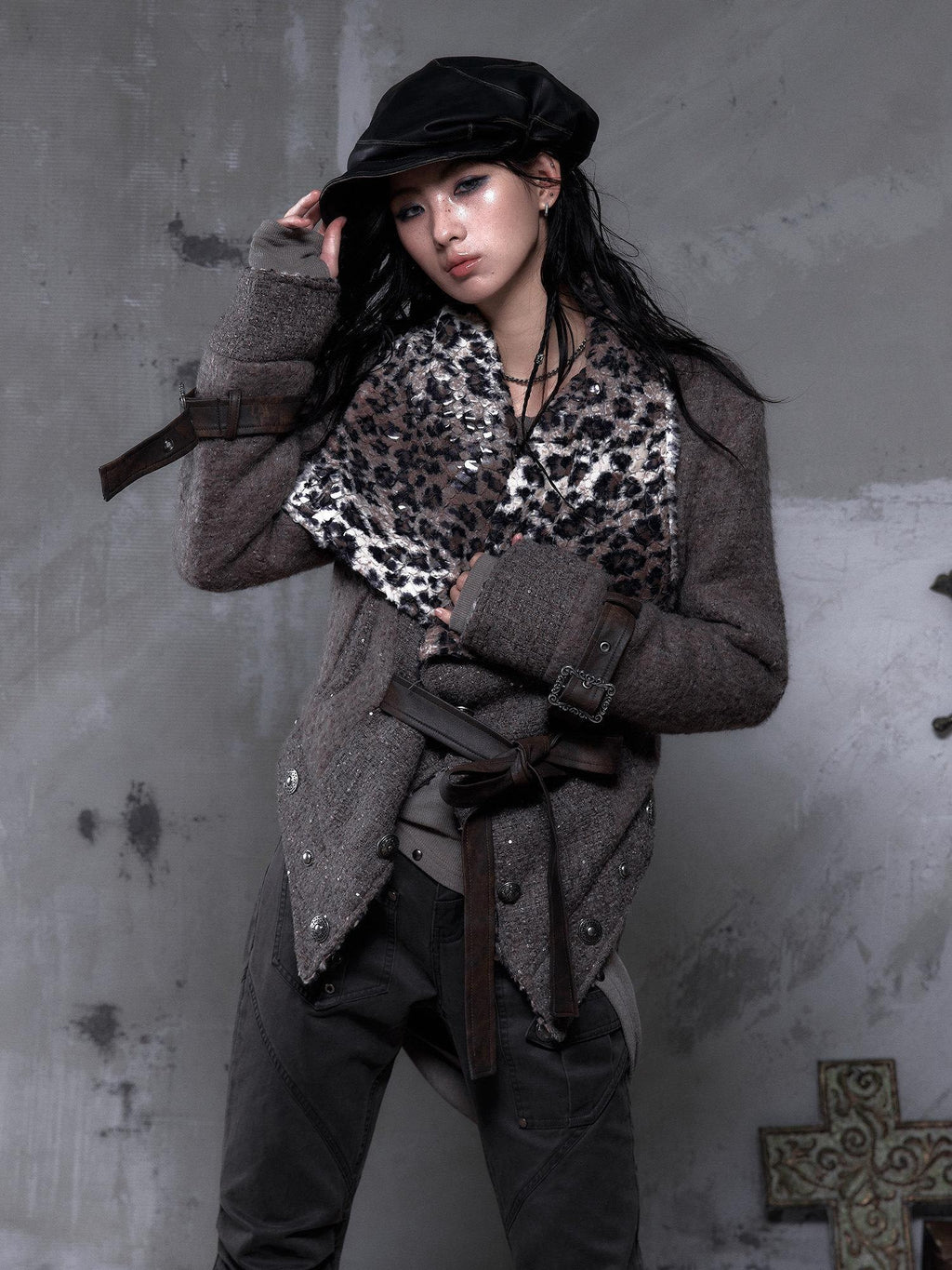 NO ROMANCE Reversible Leopard Print Loose Fit Lapel Long Sleeve Womens Tweed Jackets