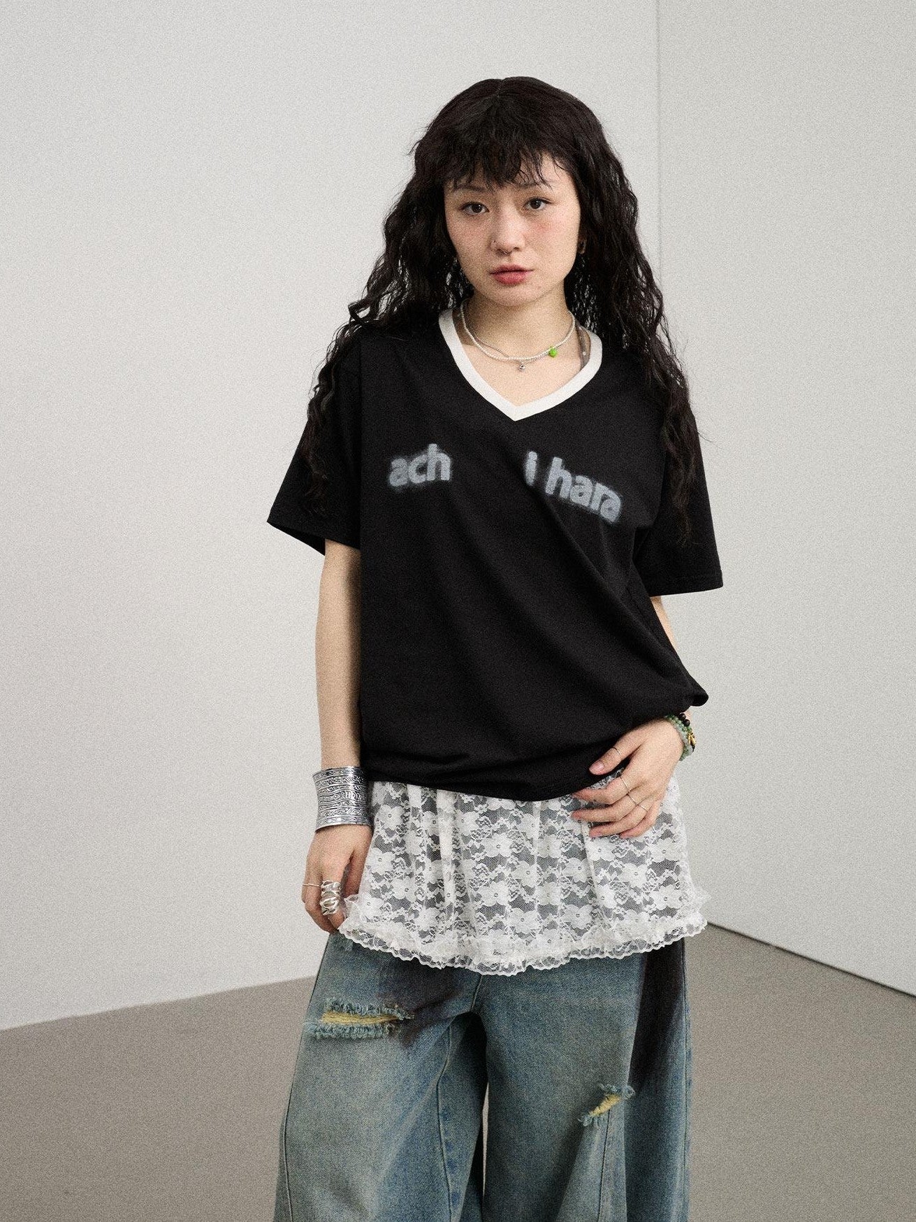 Achihara Ice Block V-neck Loose Letter Print Women'S Lyocell Short Sleeve T-Shirts