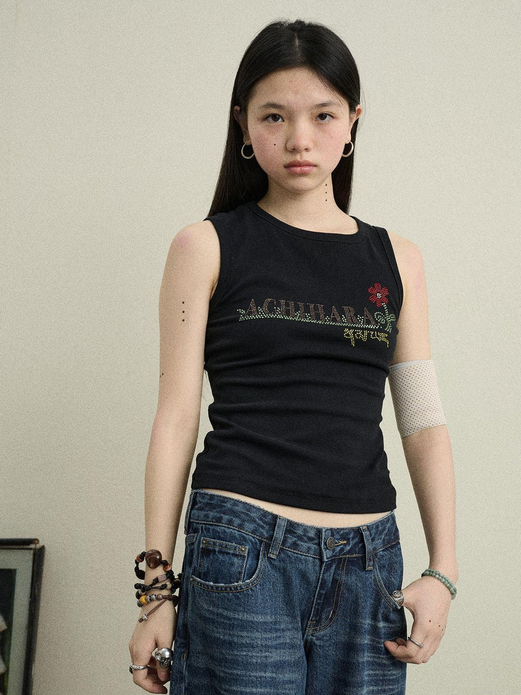 Achihara Hotfix Rhinestone Letter Print Women'S Cotton Stretch Tank Tops