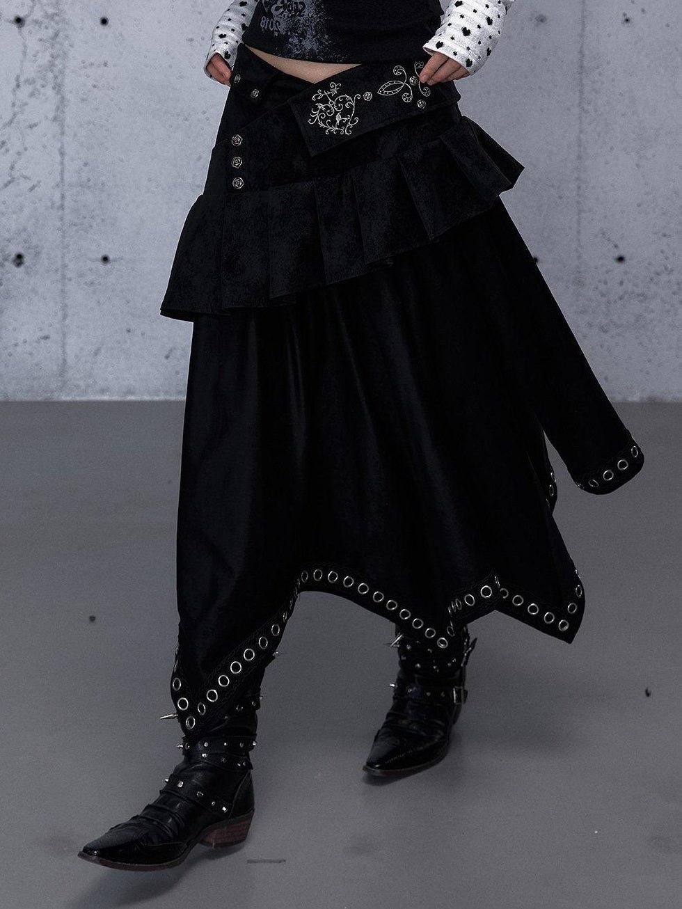 NO ROMANCE Edgy Asymmetrical High Waist A Line Loose Gothic Pu Suede Patchwork Maxi Skirts