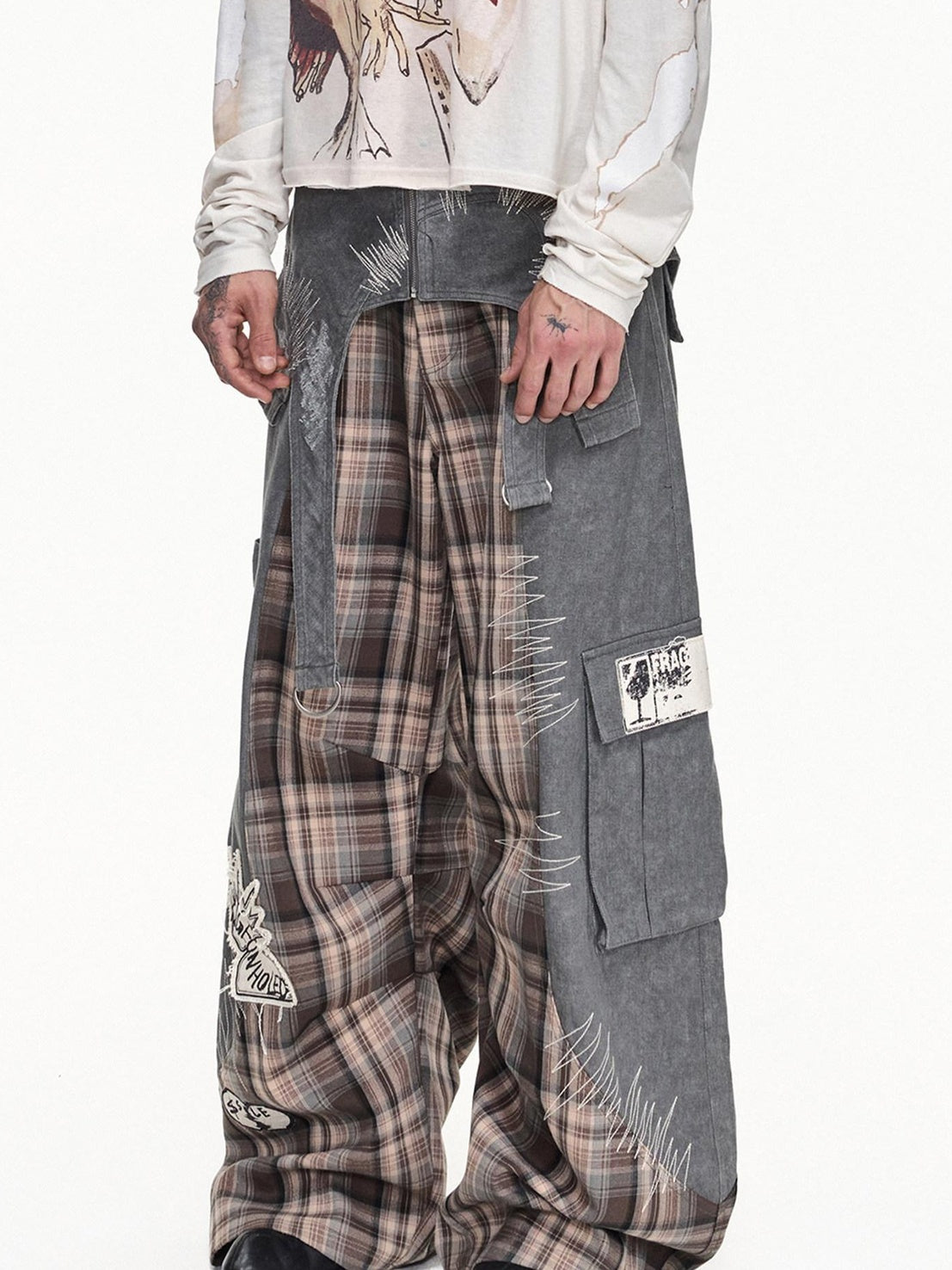 EMOBROTHER Wrinkle Free Embroidered Cargo Mid Rise Cotton Gray Casual Wide-Leg Pants