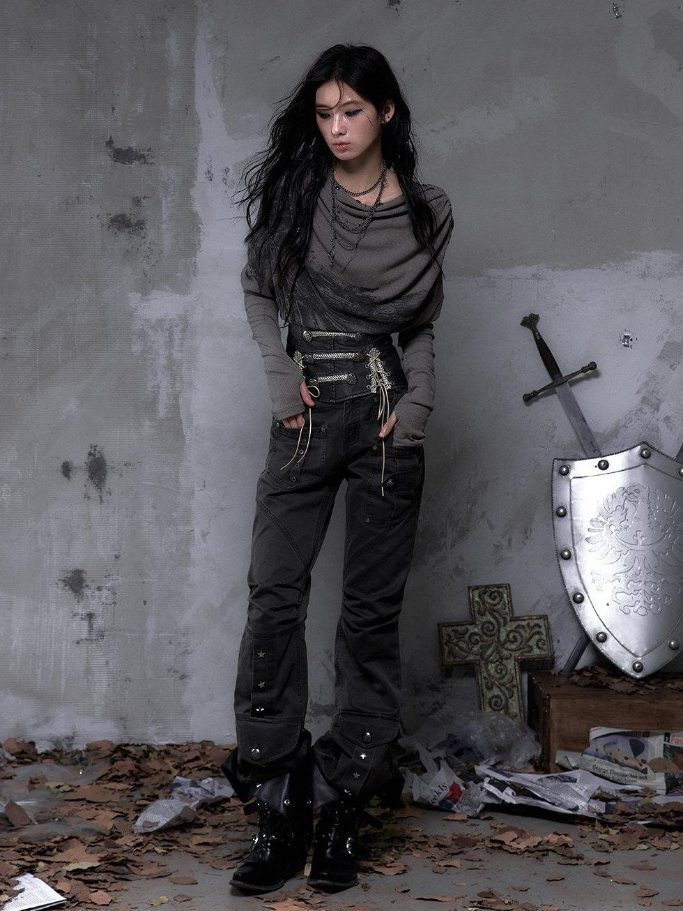 NO ROMANCE Pleated Button Mid Low Rise Subtle Flare Dark Grunge Women Chinos