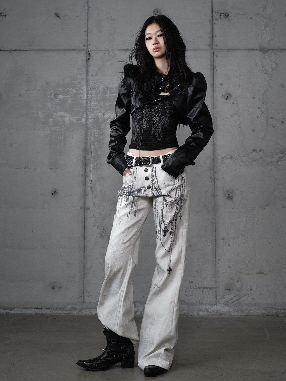 NO ROMANCE Dyed Punk Washed White Loose Fit Natural Waist Cotton Women Wide-Leg Jeans