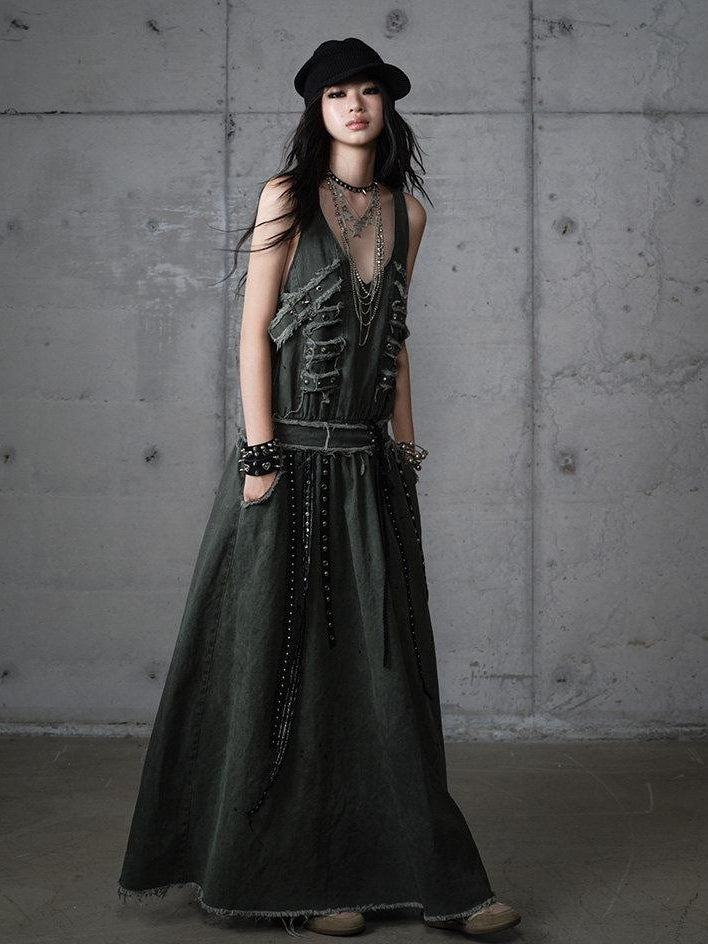 NO ROMANCE Washed Grunge Green Pocketed Punk A Line Loose V-neck Women Casual Midi Dresses