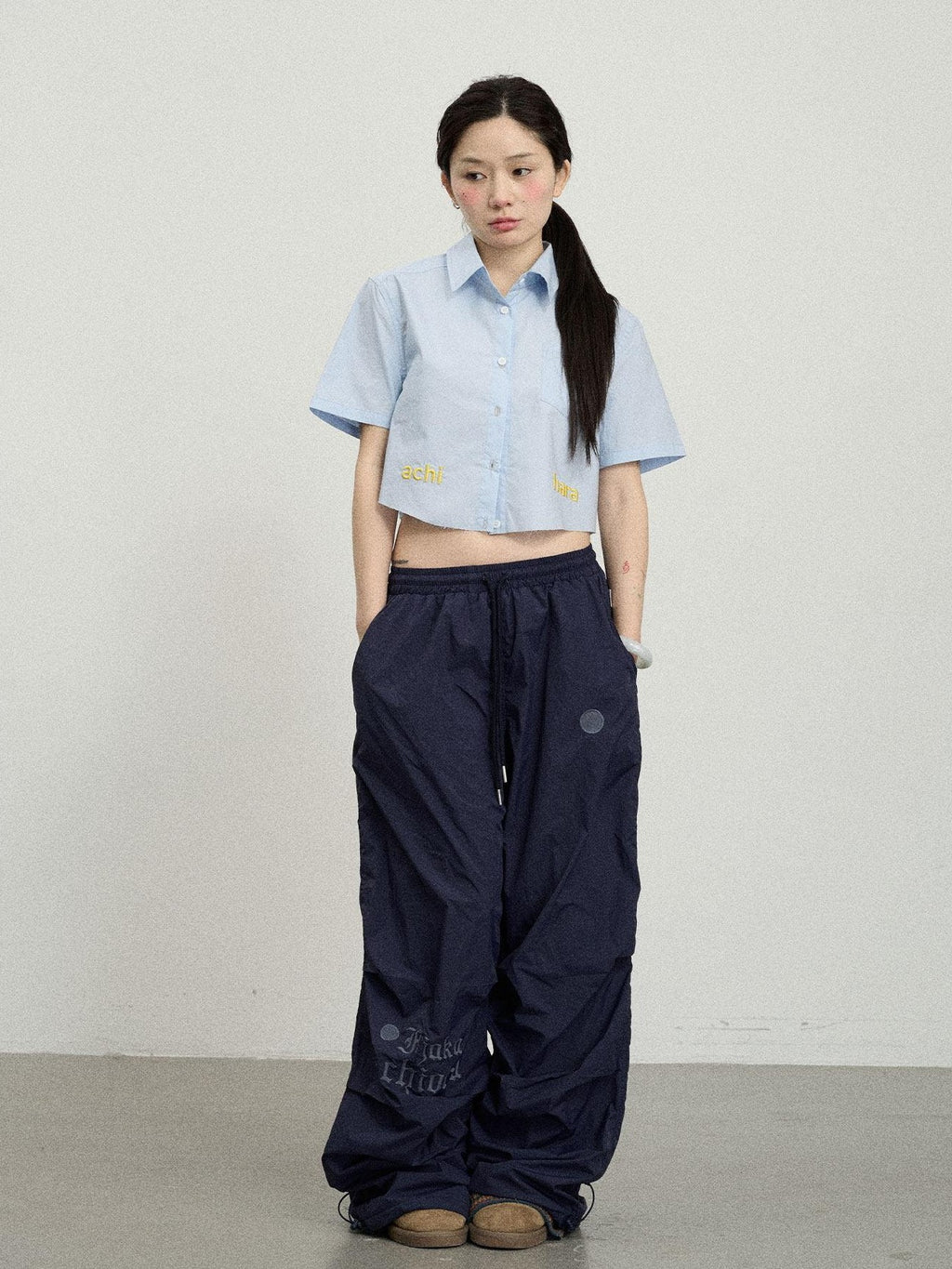 Achihara Soda Blue Office Collared Short Sleeve Women'S 100 Percent Cotton Crop Tops