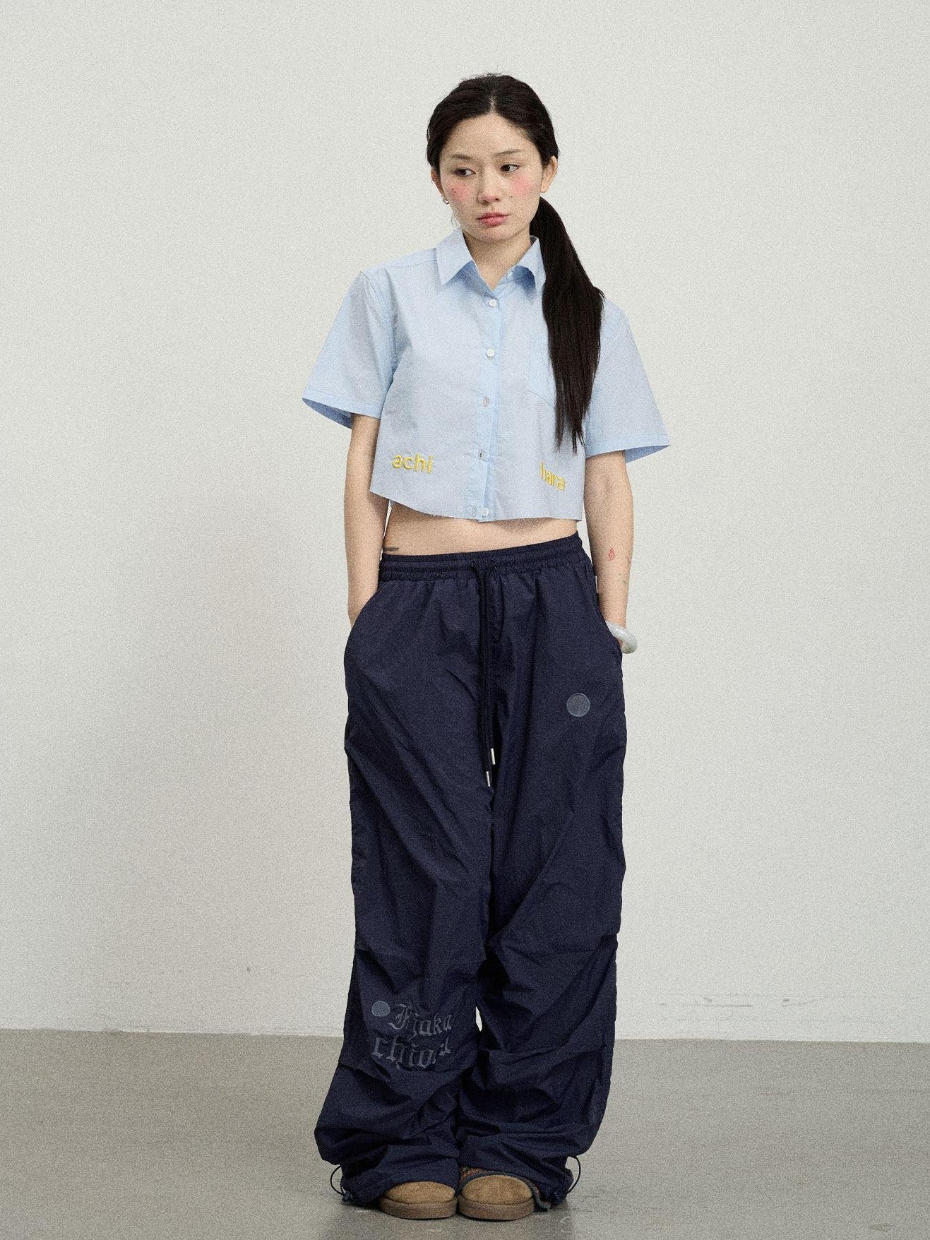Achihara Soda Blue Office Collared Short Sleeve Women'S 100 Percent Cotton Crop Tops