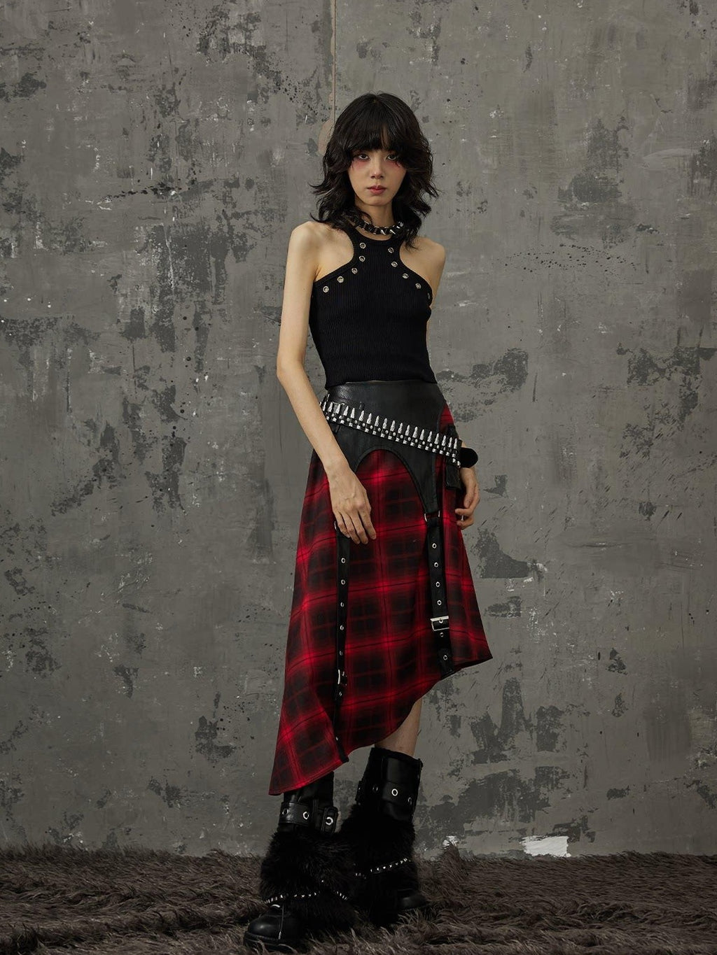 Frustration Garden Edgy Patchwork Asymmetrical A Line Mid Waist Loose Women Black Red Midi Skirts