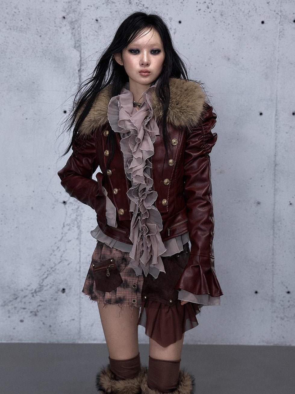 NO ROMANCE Removable Punk Style Regular Fit Women Burgundy Button Front Casual Jackets