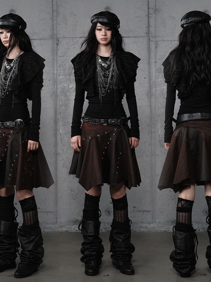 NO ROMANCE Embroidered Regal Asymmetric Mid Rise Loose Casual Girls Dark Brown Mini Skirts