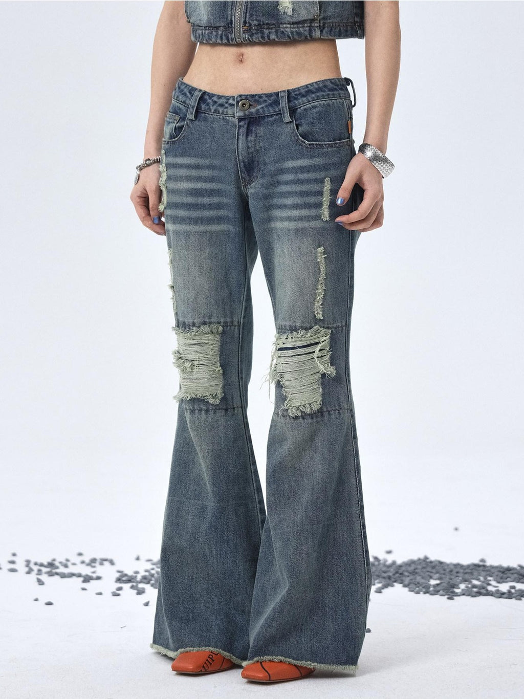 Achihara Vintage Washed Distressed Ripped Low Rise Women'S Denim Flare Jeans
