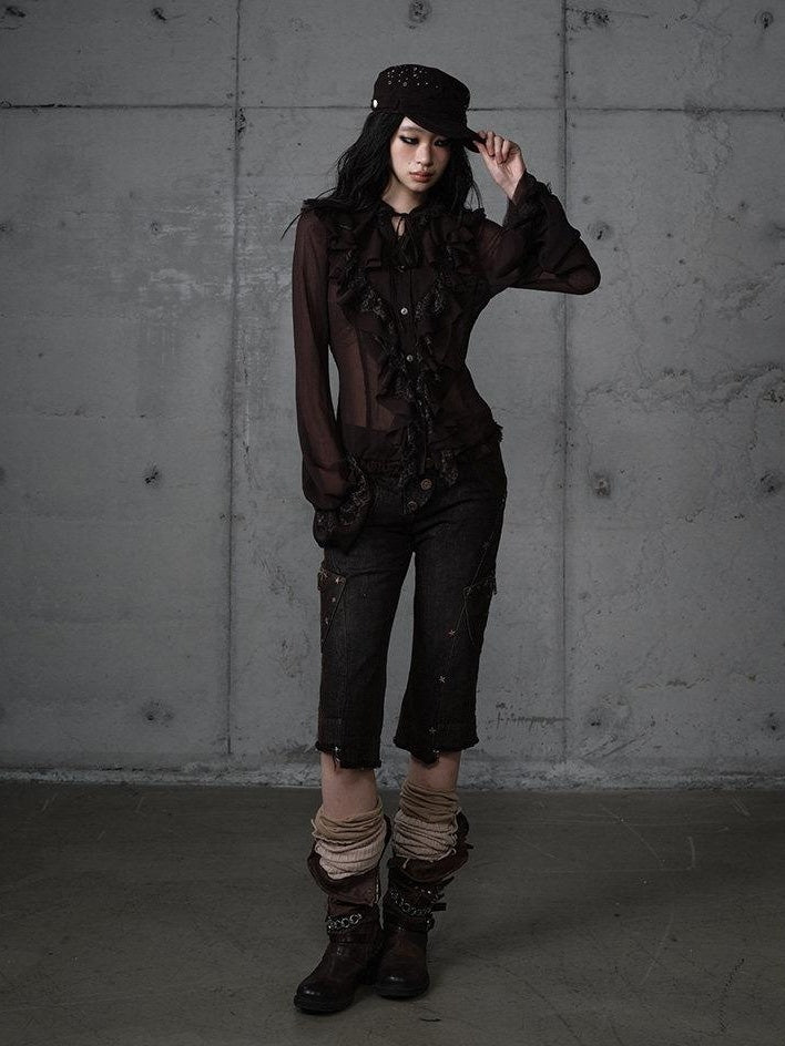 NO ROMANCE Slimming Vintage Slim Fit Ruffle Stand Collar Chiffon Long Sleeve Women Blouses