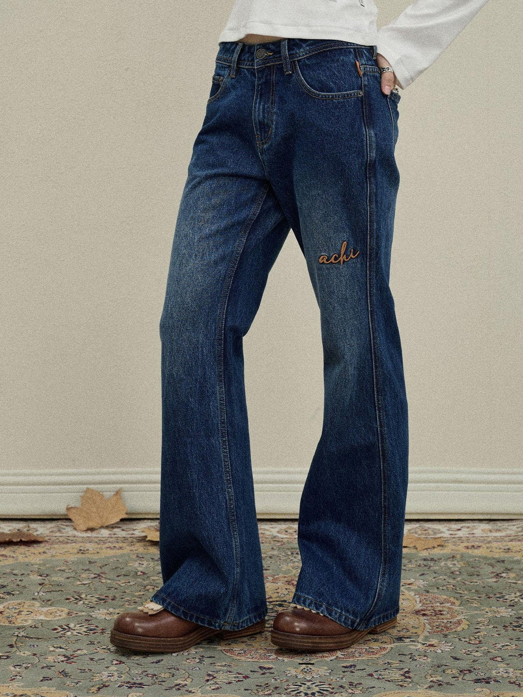Achihara Slight Embroidered Distressed Wash Slim Women'S Denim Flare Jeans