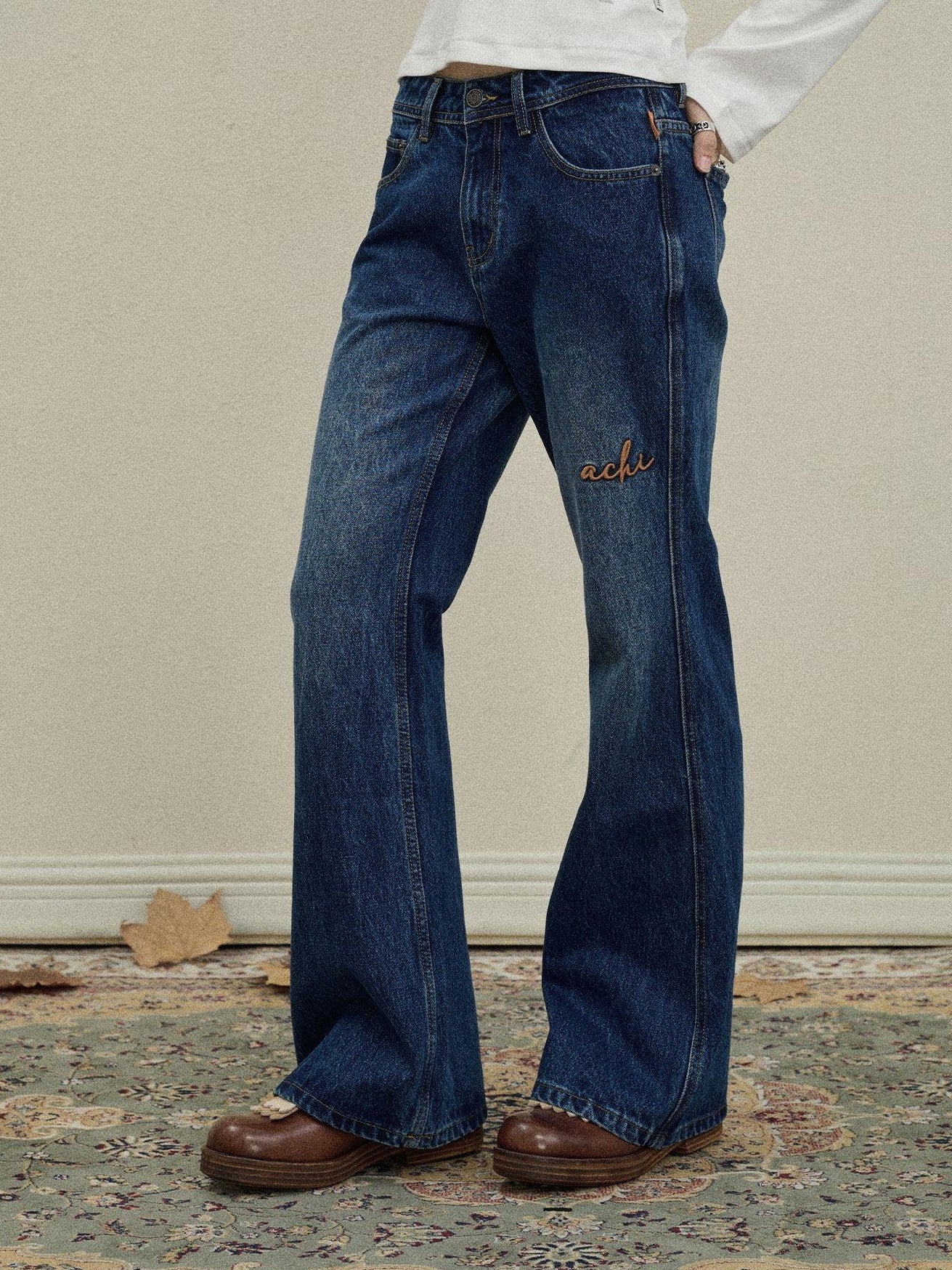 Achihara Slight Embroidered Distressed Wash Slim Women'S Denim Flare Jeans