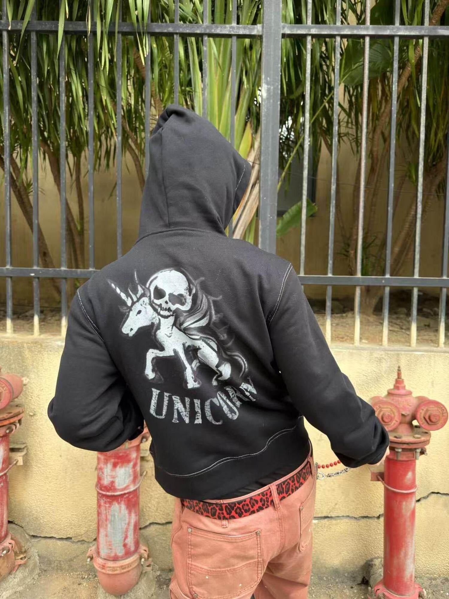 PAIKI Slim Fit Zip Up Hooded Short Length Skull Casual Unisex Sport Polyester Hoodies
