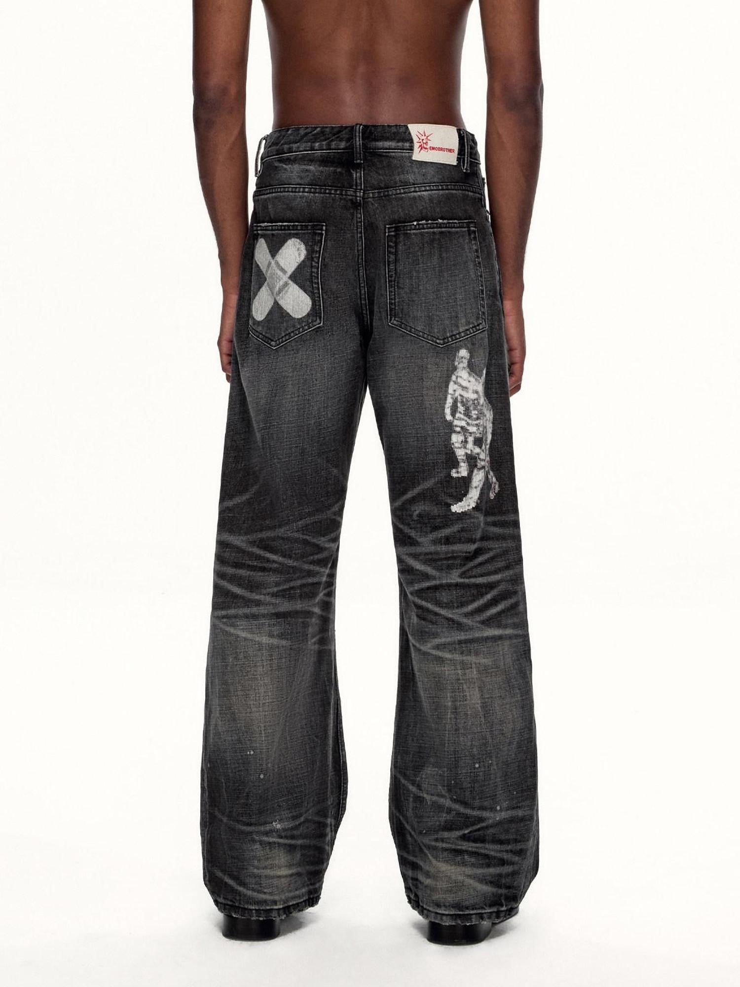 EMOBROTHER Wrinkle Free Whiskered Printed Mid Rise Relaxed Casual Cotton Straight Jeans