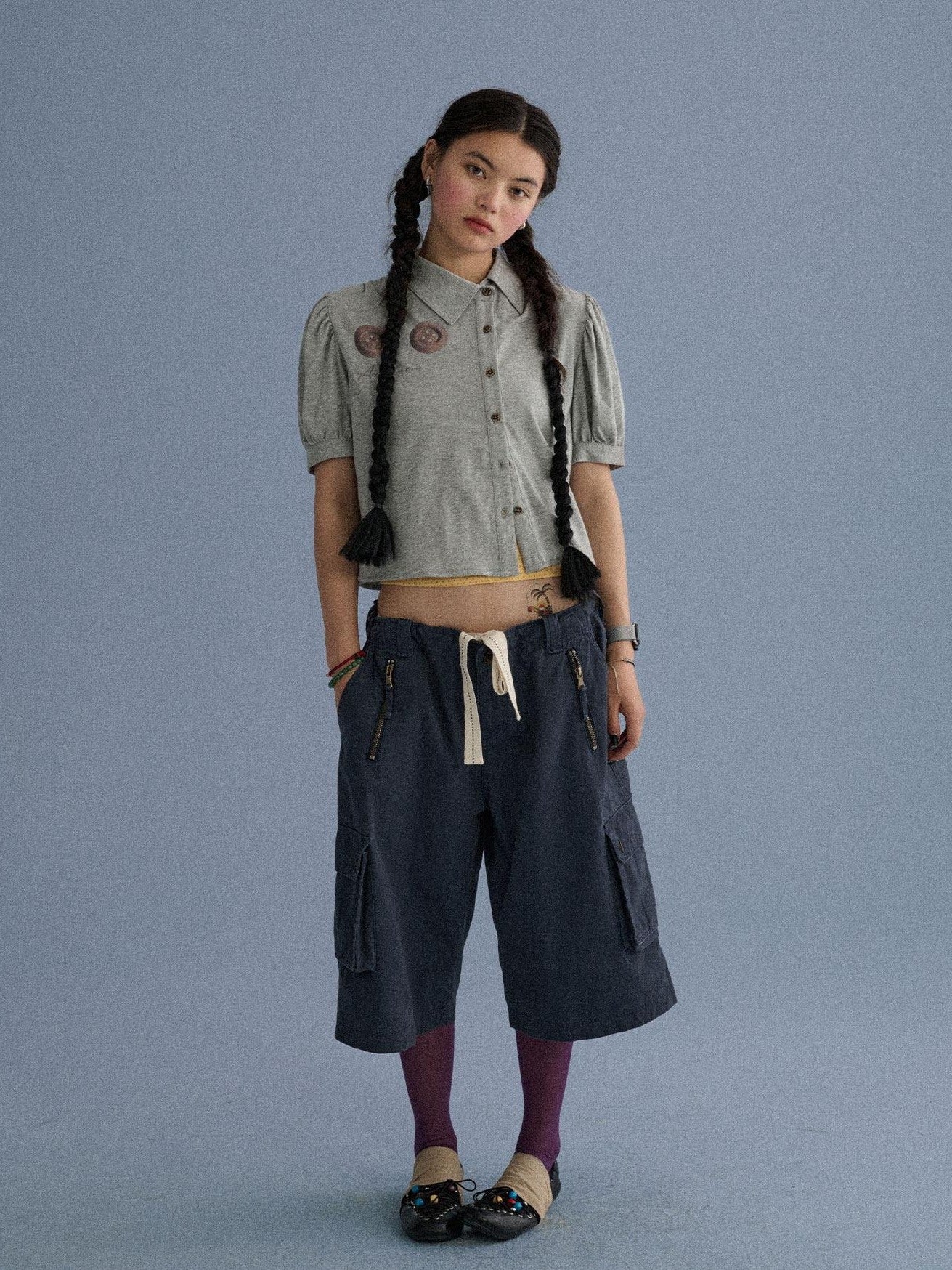 Achihara Blue Grey Buttoned Printed Collared Women'S Cotton Short Sleeve T-Shirts