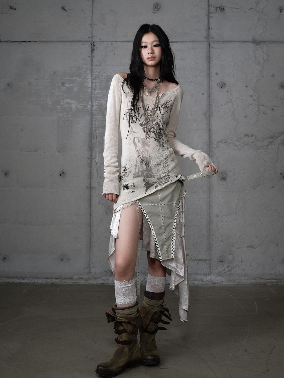 NO ROMANCE Soft Slim Punk V-neck Reversible Distressed Polyester Women Long Sleeve T-Shirts