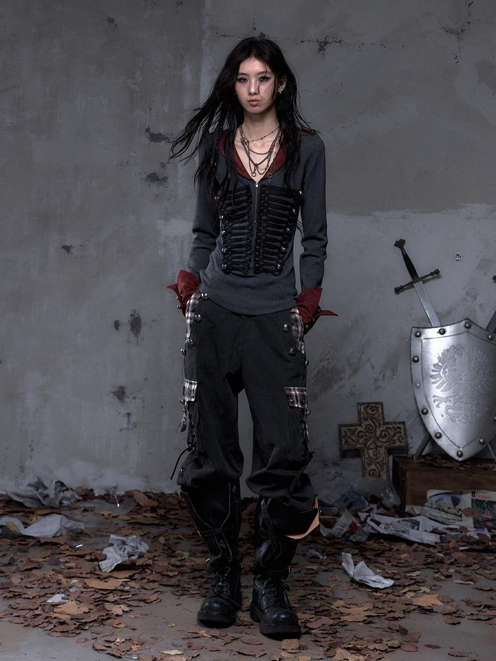 NO ROMANCE Pure Cotton Punk Patchwork Loose Fit Natural Waist Button Fly Women Pants Chinos