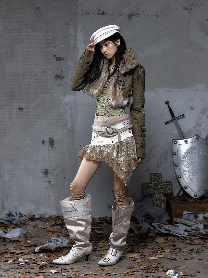 NO ROMANCE Distressed Vintage Slim Fit Cropped Long Sleeve Women Gold Khaki Casual Jackets