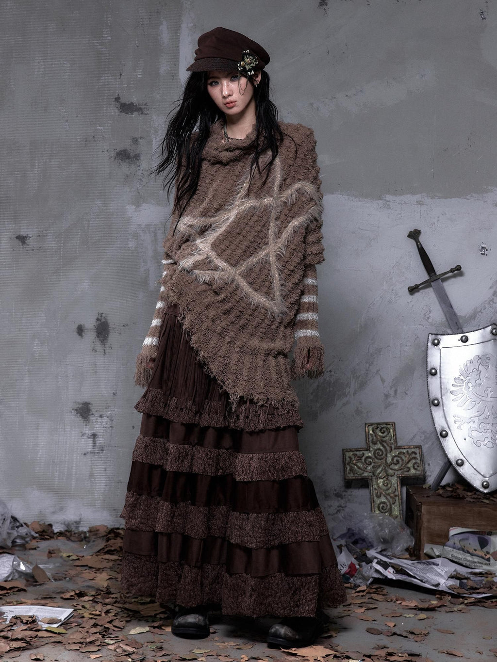 NO ROMANCE High Waist Court Tassel A Line Casual Brown No Stretch Maxi Skirts