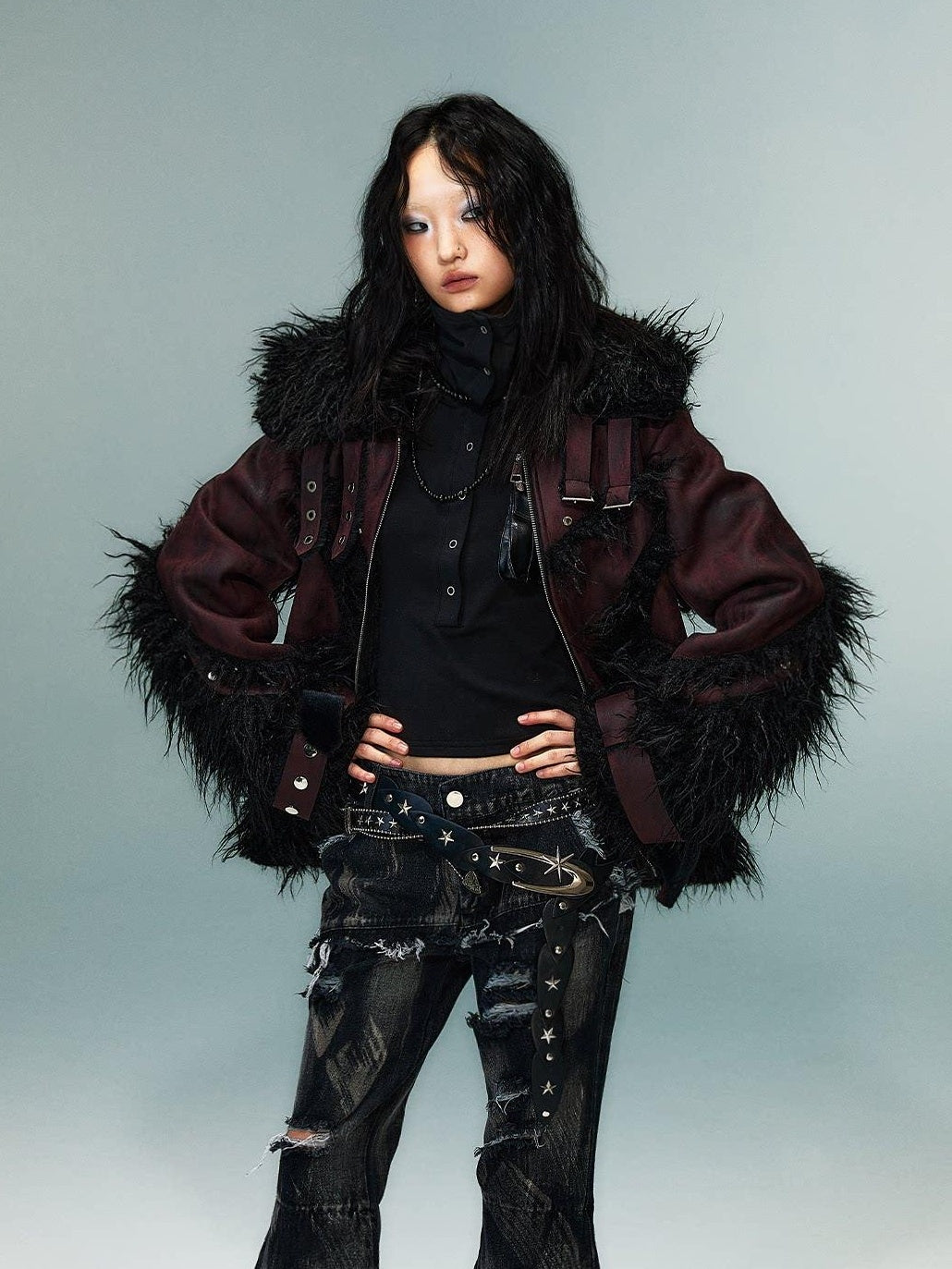Frustration Garden Warm Oversized Original Zip Patchwork Faux Fur Studs Women Casual Jackets